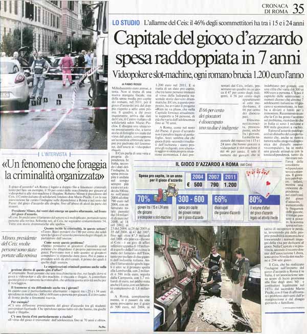 articolo de Il Messaggero su dipendenza da gioco d'azzardo, videopoker, slot-machines, scommesse